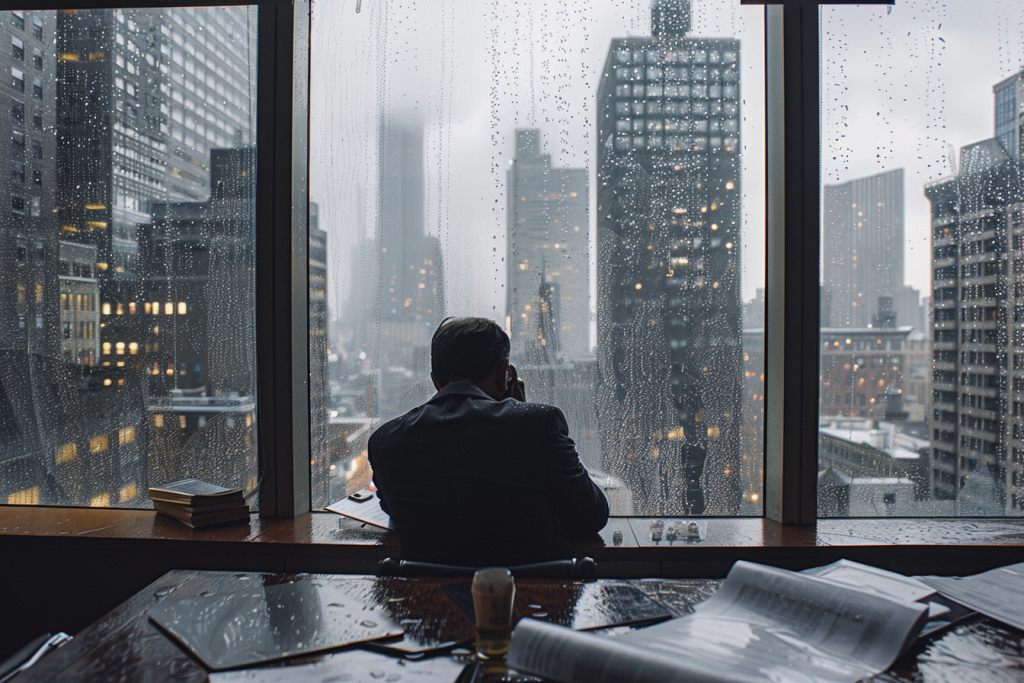 man in despair sitting in chair in front of rainy NYC